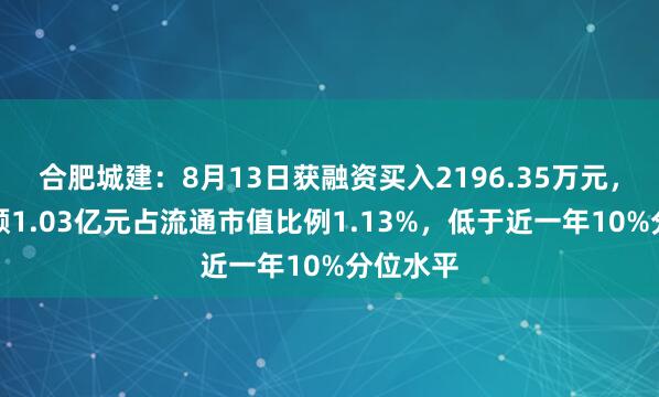 合肥城建：8月13日获融资买入2196.35万元，融资余额1.03亿元占流通市值比例1.13%，低于近一年10%分位水平